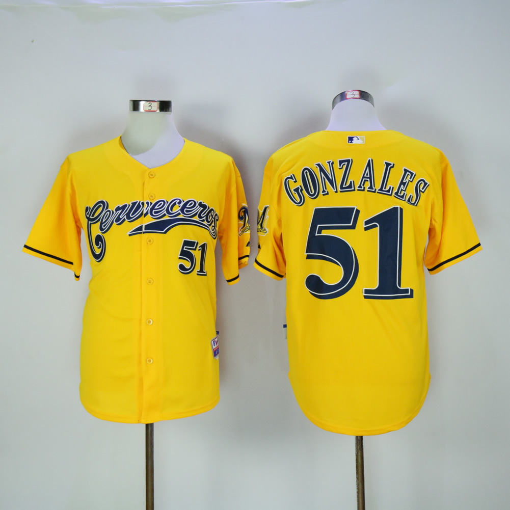 Men Milwaukee Brewers #51 Gonzales Yellow MLB Jerseys->milwaukee brewers->MLB Jersey
